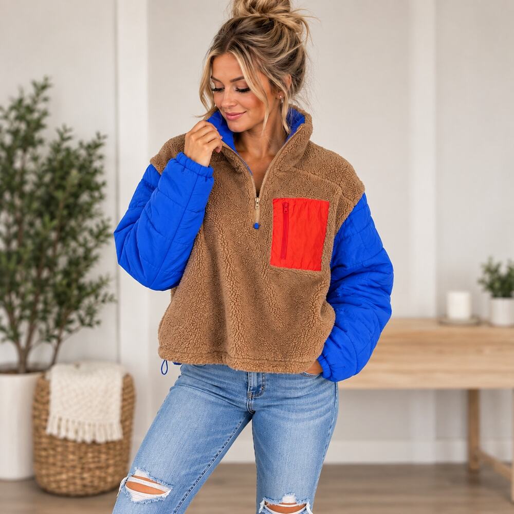 Veveret Women’s Sherpa Fleece Pullover Jacket Blue Puffer Sleeves Colorblock